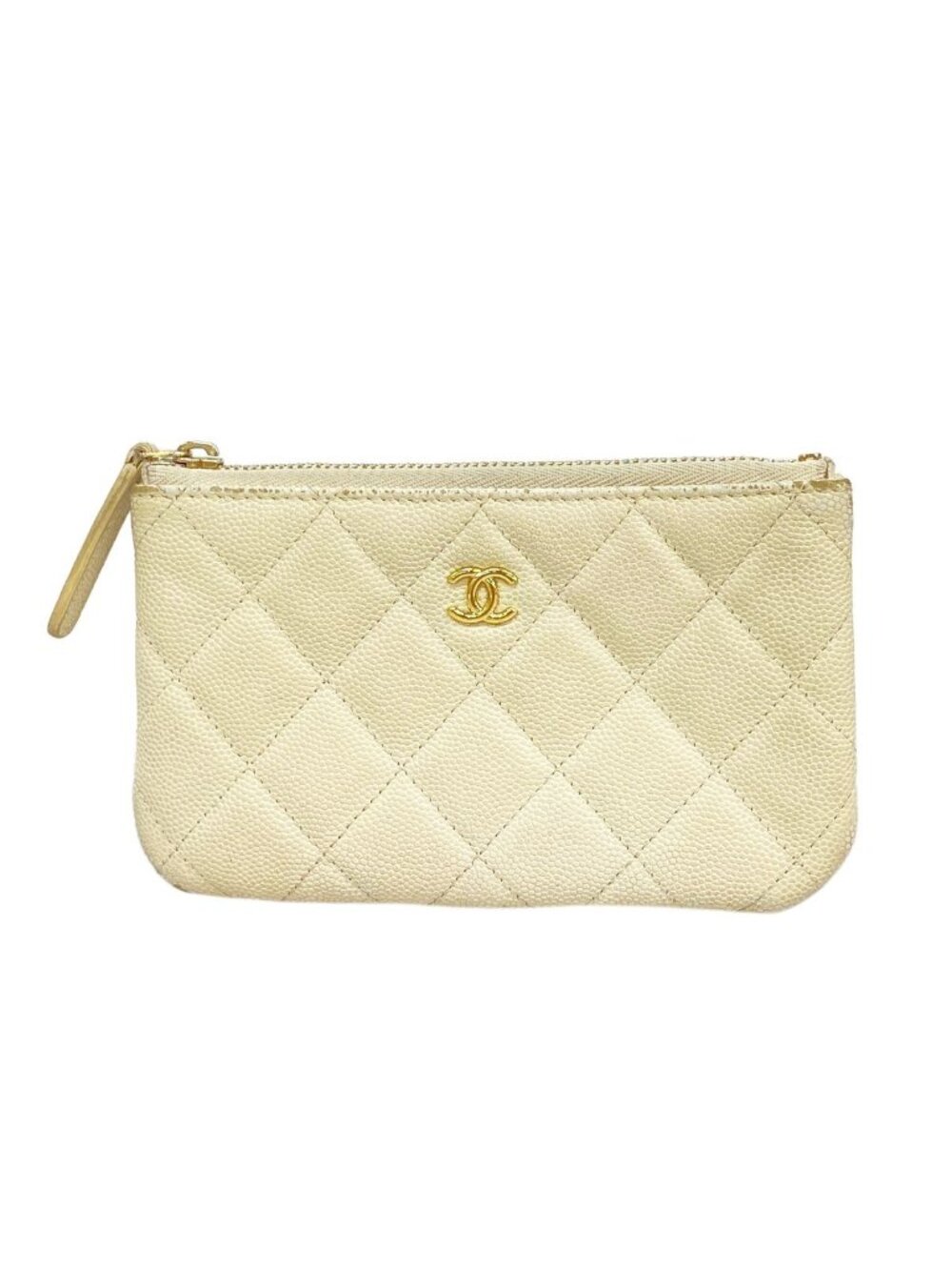 Chanel Coin Purse Quilted Caviar Leather White Champagne Gold
